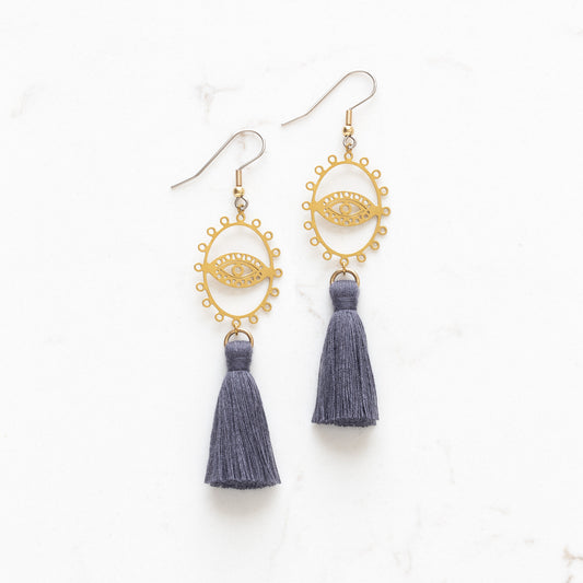 Detailed Oval Evil Eye Tassel Earrings